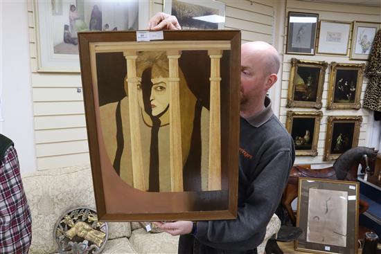 Modern British, oil on board, Woman looking through a balustrade, 59 x 44cm